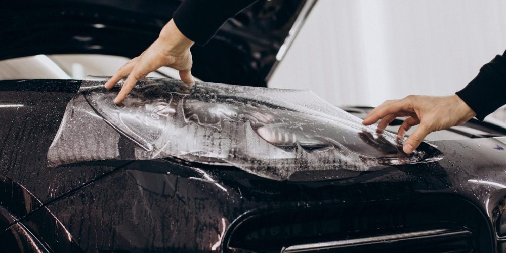 Male worker wrapping car with ptotective foil